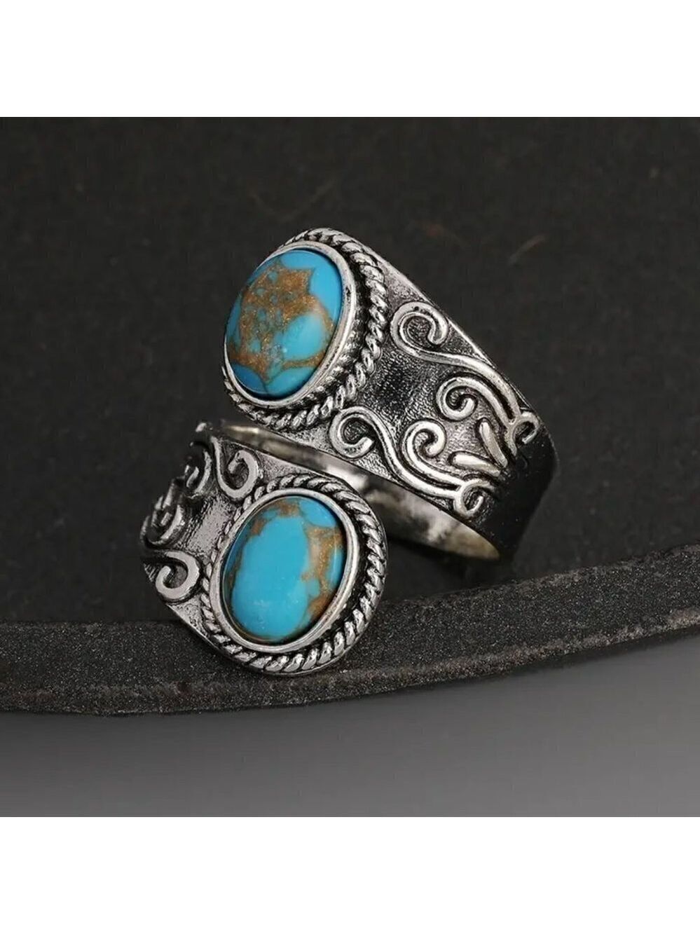Boho Faux Turquoise Scroll Adjustable Spoon Ring #1312